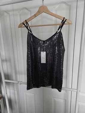 Metallic Sequin Double-Strap Cami Tank Top - Black